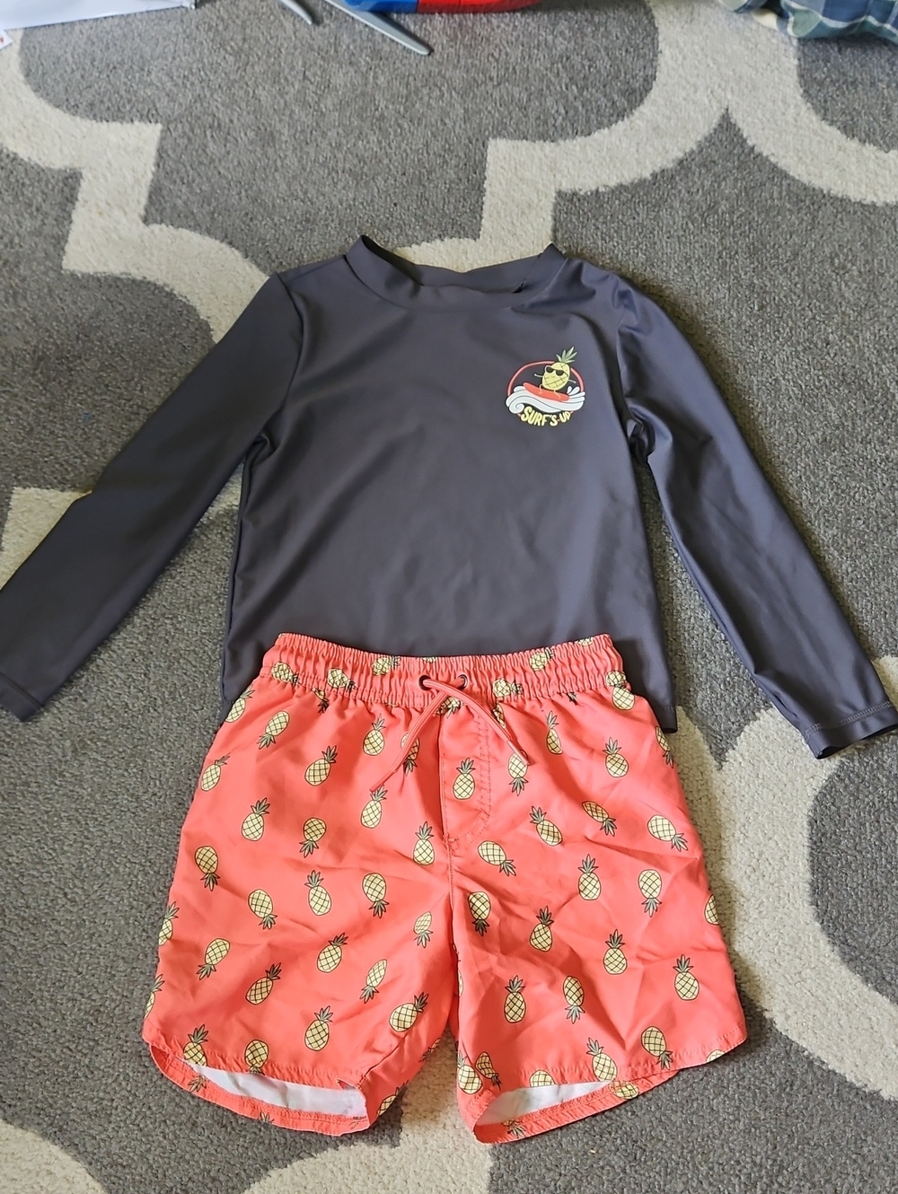 Carter's Black Long-Sleeve Rash Guard with Coral Pineapple Swim Shorts